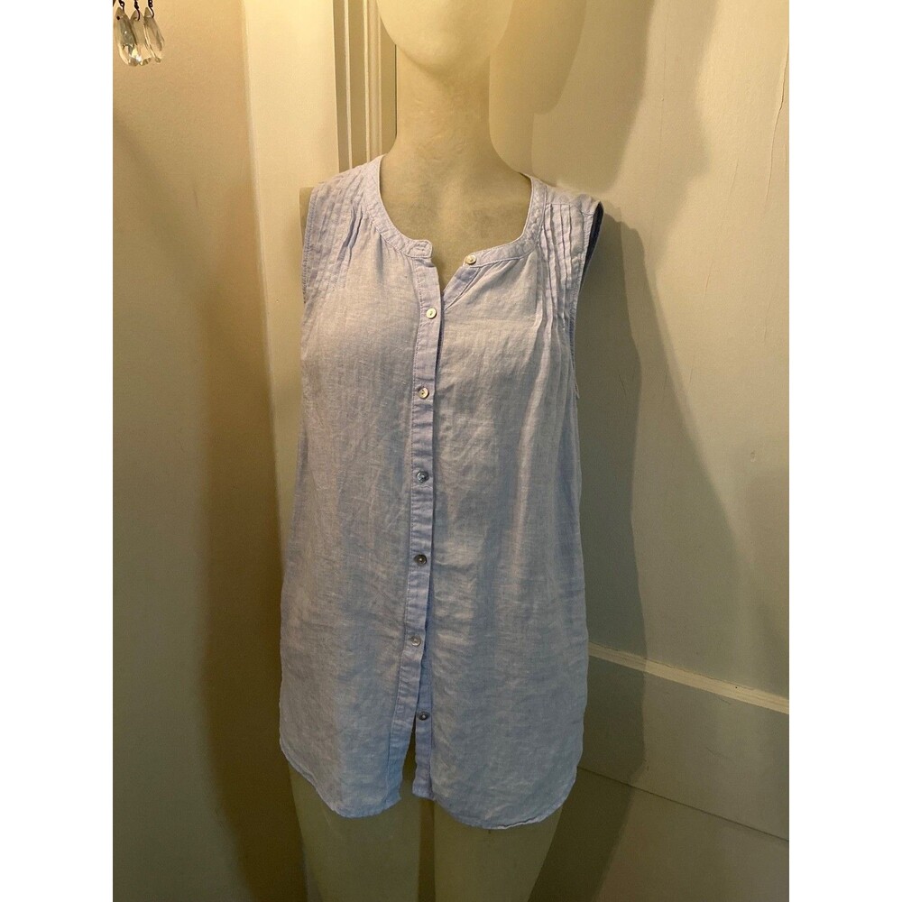 Halston Blue Linen Sleeveless Shirt Size Small